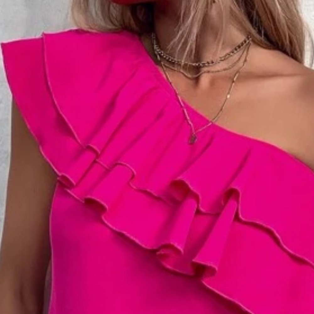 One Shoulder Ruffle Detail Tunic Mini Dress Vacation Hot Pink - Picture 5 of 8